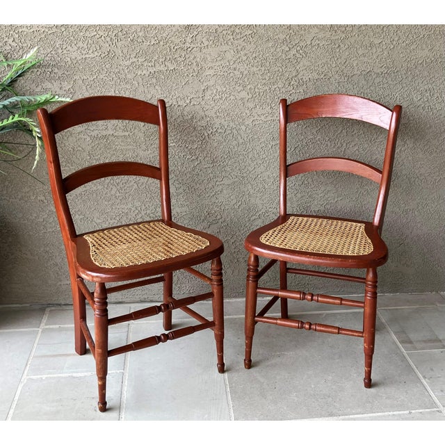 Circa 1920 Solid Oak Wood & Cane Seat Two-Rung Curved Ladderback Accent Chairs – A Pair For Sale - Image 18 of 18