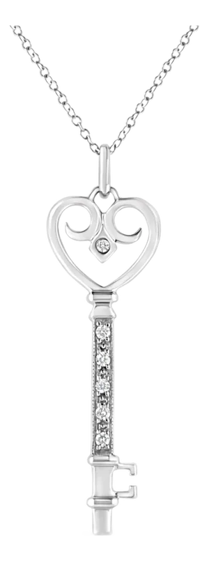 .925 Sterling Silver Pave and Bezel-Set Diamond Accent Key 18" Heart and Lock Pendant Necklace
