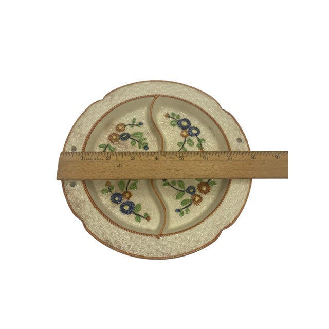 Vintage Divided Ceramic Hand Painted Dish Plate Majolica Style K Maker’s Mark Japan 1940’s For Sale - Image 9 of 12