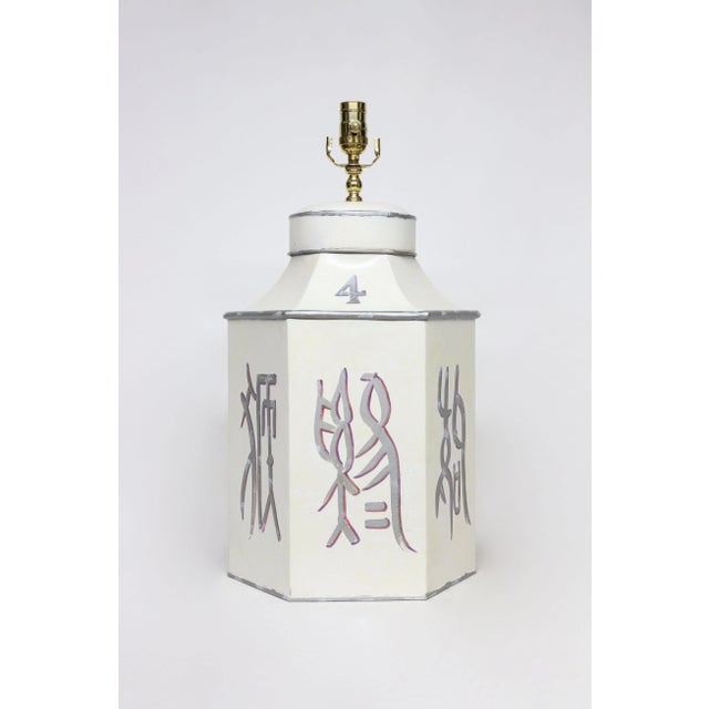 Late 20th Century Hand-Painted Hexagonal Iron Tea Canister Table Lamp With Silver Calligraphic Design For Sale - Image 9 of 9
