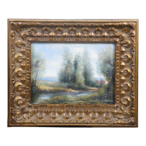 Late 20th Century Klausman Impressionist Cottage River Trees Landscape Oil Painting 24"