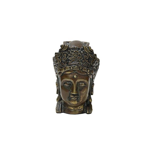 1980s Vintage Bronze Patinated Bodhisattva Bust Buddha Metal Statue For Sale - Image 5 of 7