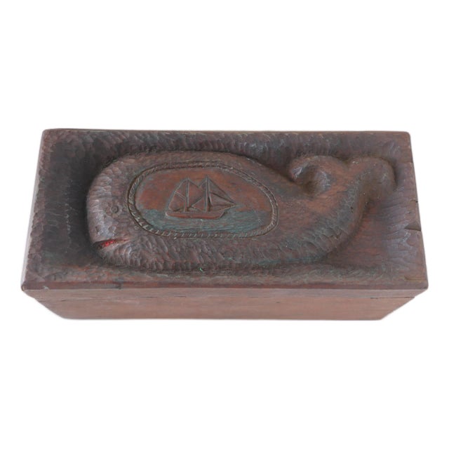 Unbelievable Rare Antique Folk Art Hand Carved Solid Wood Box With Whale Schooner Nautical For Sale