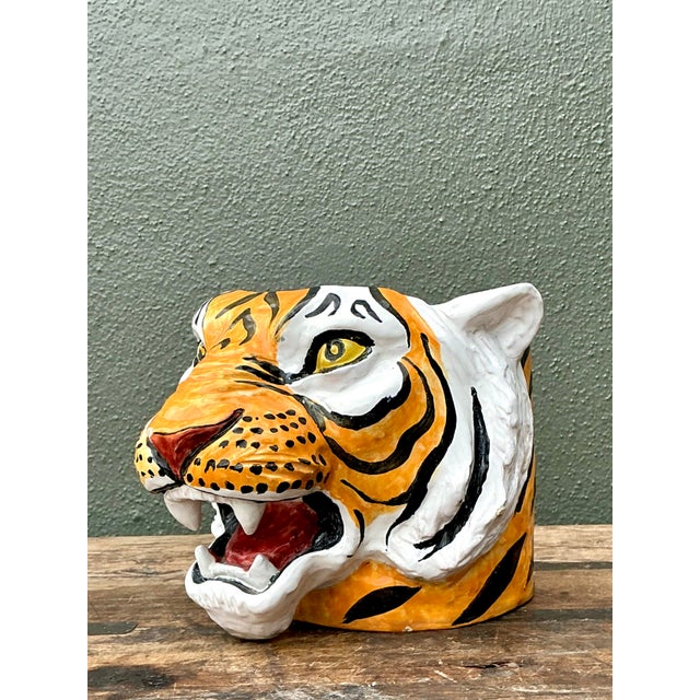 Vintage Italian Hand Painted Tiger Cache Pot For Sale - Image 4 of 12