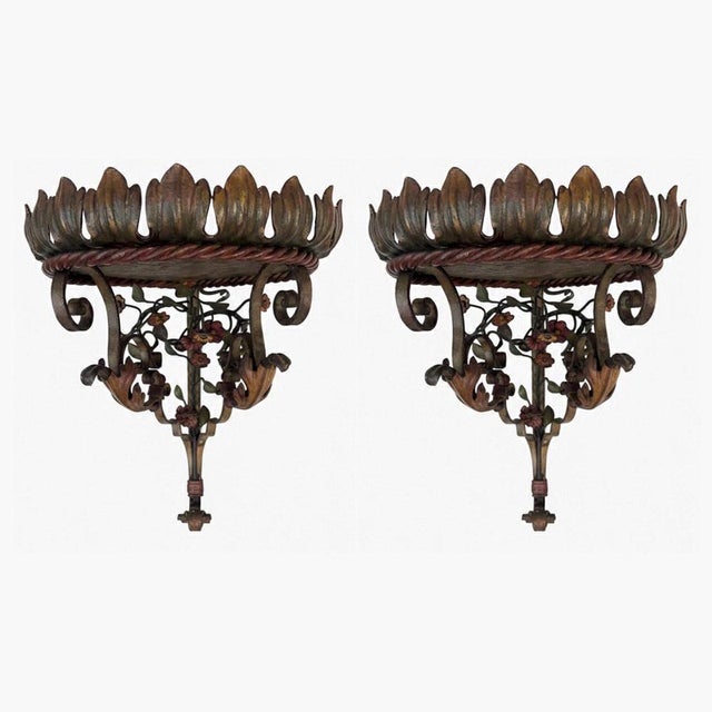 Brown Art Nouveau Italian Lacquered Wrought Iron Corner Shelves, 1910s, Set of 2 For Sale - Image 8 of 8