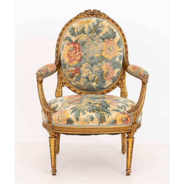 Gold Pair of Louis XVI Style Tapestry Upholstered Giltwood Fauteuils For Sale - Image 8 of 12