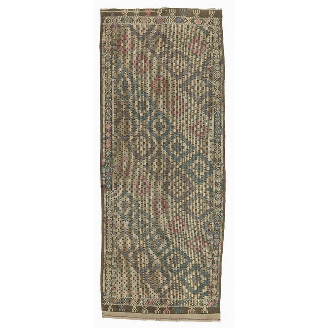 Textile Mid 20th Century Embroidered Vintage Turkish Kilim Rug For Sale - Image 7 of 7