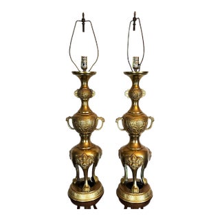 James Mont Style Foo Dog Chinoiserie Brass Lamps Vintage Pair For Sale