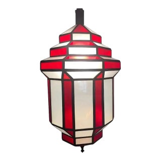 1990s Art Deco-Style White Milk & Red Glass & Bronze Chandelier, Pendant or Lantern For Sale