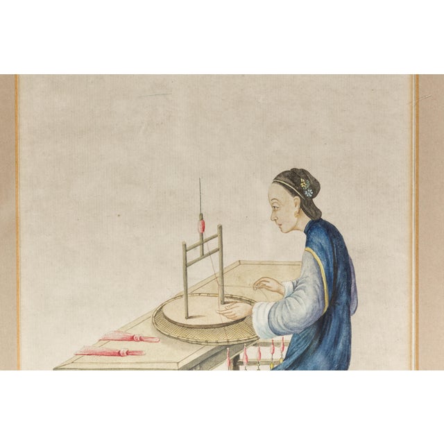 Woman in a Blue Dress Threading Silk Chinese Watercolor in Gilt Frame For Sale - Image 9 of 12