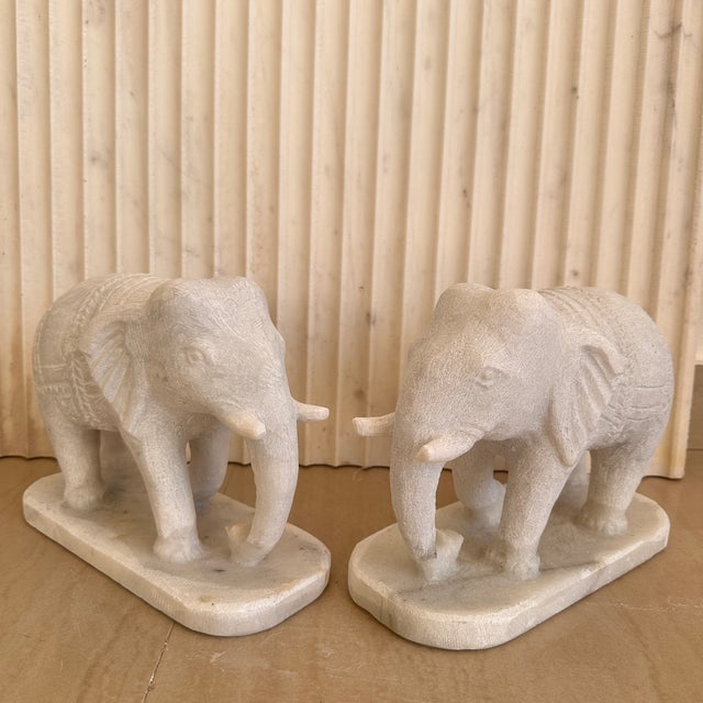 Hand-Carved Marble Elephant Pair, Sculptural Entryway Accents, India, 2010s For Sale - Image 6 of 11
