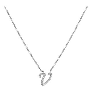 10K White Gold Diamond Accent "V" Initial Script Style Pendant Necklace For Sale