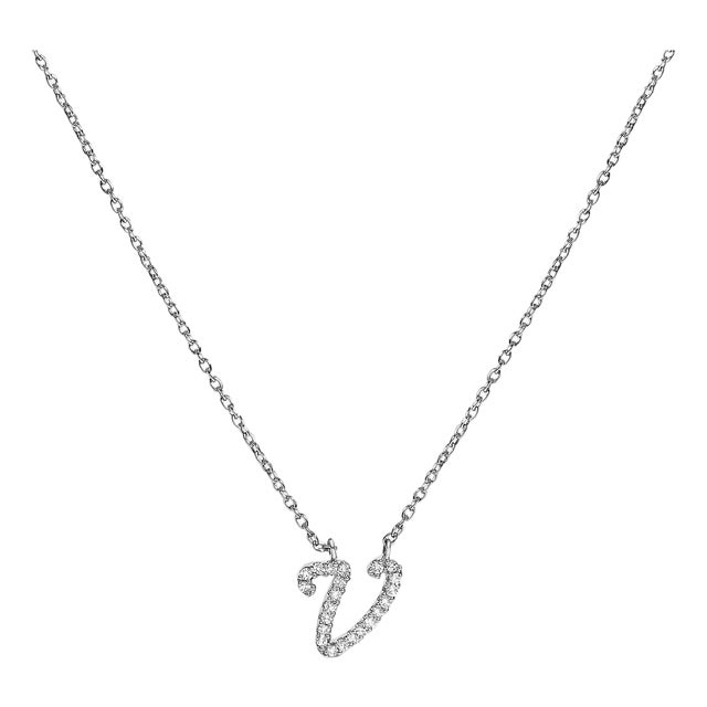 10K White Gold Diamond Accent "V" Initial Script Style Pendant Necklace For Sale