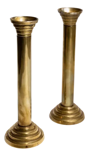 Vintage Column Candleholders in Gold-Plated Metal, Italy, 1960s, Set of 2