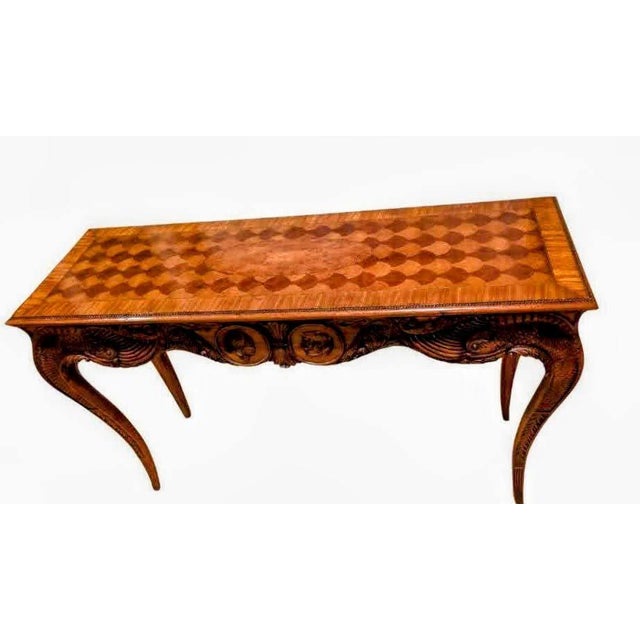 French Provincial Antique Louis XV Style Inlaid Walnut/Kingwood/Mahagony and Maple Parquetry Featuring Ornate Carvings, Cabriole Legs and Center Figural Carvings For Sale - Image 3 of 9