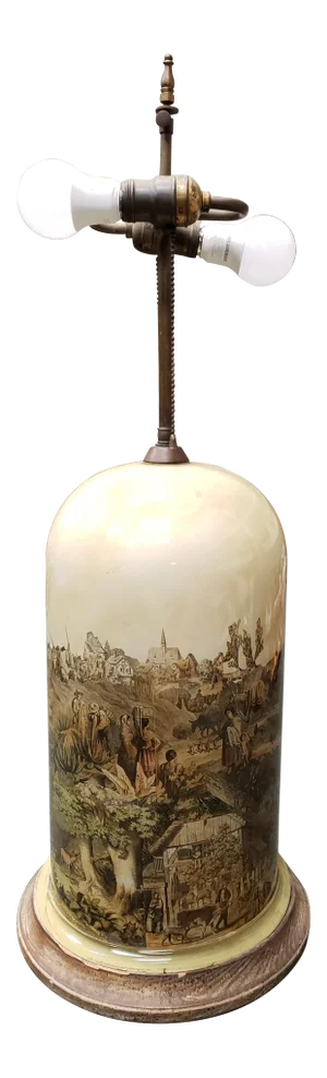 Circa 1930 English Transferware Glass Dome Base Table Lamp With American Western Frontier Motifs