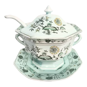Vintage English Wedgwood Baby Blue Floral Adams Calyx Ware Chinese Garden Soup Tureen, Platter Ladle Serving Set