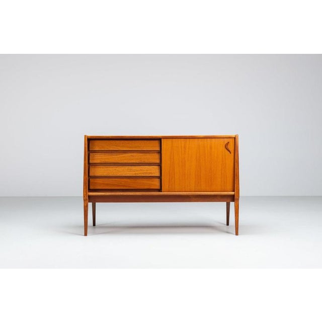 This elegant small sideboard was produced by Bosteels Meubelen, Belgium, circa 1960. A refined example of Belgian mid-...