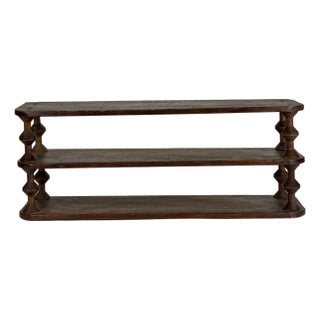 Vintage French Salvaged Bobbin Reels 3 Tier Wood Shelving Unit, Table/Counter Top Etageres For Sale