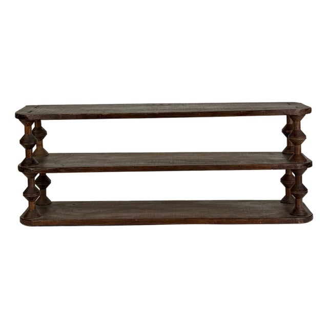 Vintage French Salvaged Bobbin Reels 3 Tier Wood Shelving Unit, Table/Counter Top Etageres For Sale
