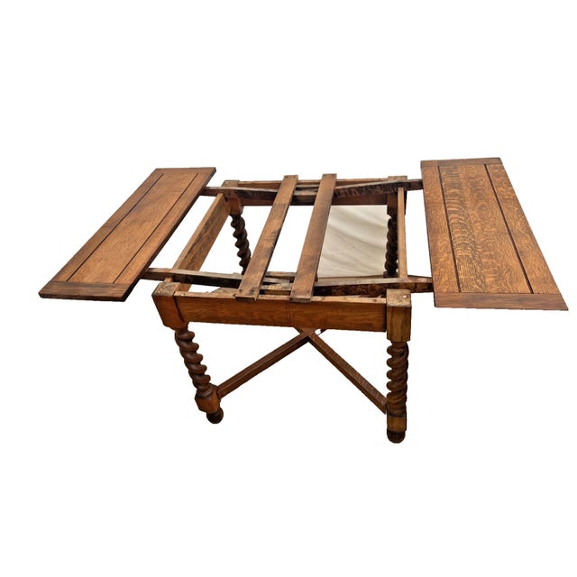 English Antique Expanding Pub Kitchen Table Barley Twist Legs Quarter Sawn Tiger Oak For Sale - Image 3 of 14
