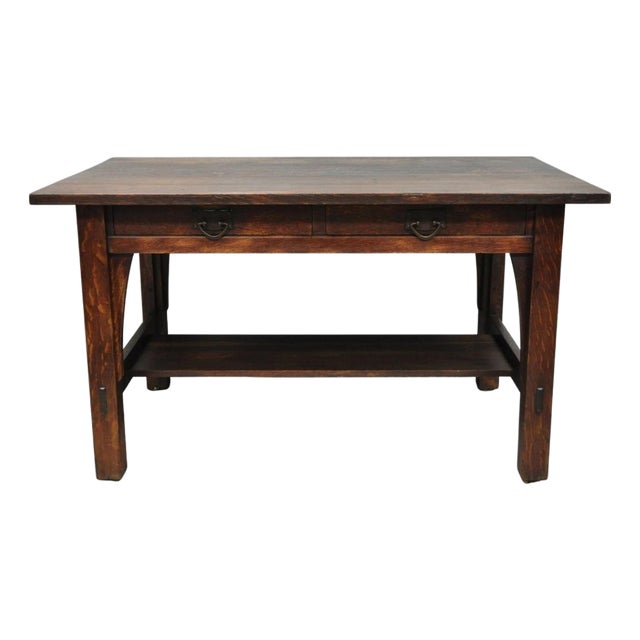 Antique Gustav Stickley Arts & Crafts Mission Oak Two Drawer Library Table Desk For Sale