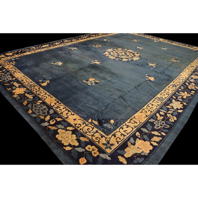 1890s Blue Field Floral Medallion Antique Chinese Peking Wool Rug 13' X 17' 10" For Sale In New York - Image 6 of 8