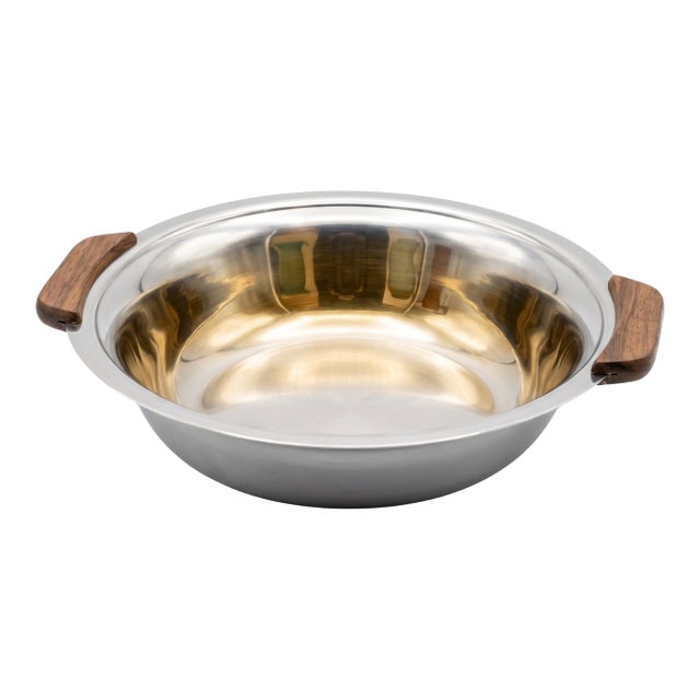Vintage Stelton Denmark Stainless Steel Serving Bowl With Teak Handles by Peter Holmblad For Sale