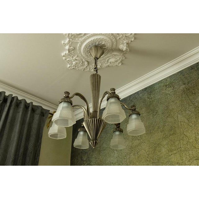 Metal Art Deco French Bronze and Frosted White Glass Six-Light Chandelier, 1930s For Sale - Image 7 of 18