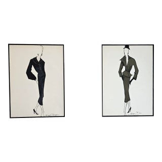 Set of 2-1950s Mid-Century French Fashion Drawings in Gouache, Signed, Matted For Sale