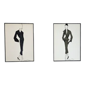 Set of 2-1950s Mid-Century French Fashion Drawings in Gouache, Signed, Matted