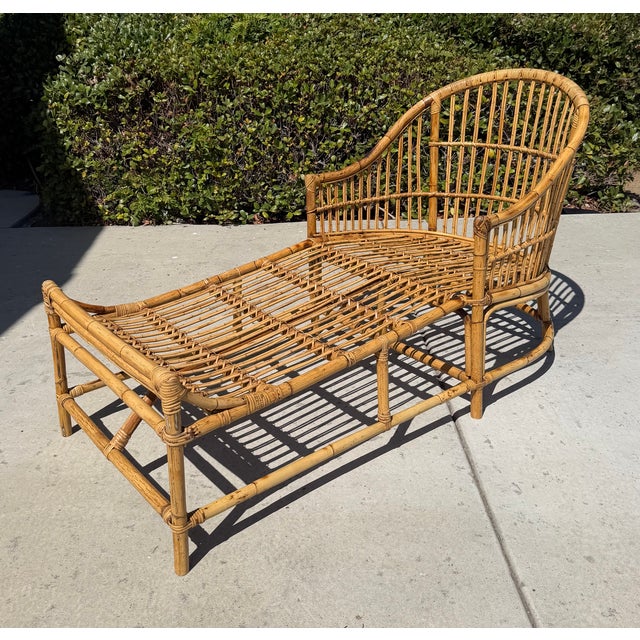 Wood Vintage Rattan Stick Wicker Art Deco Chaise With New Perennials Upholstery For Sale - Image 7 of 13