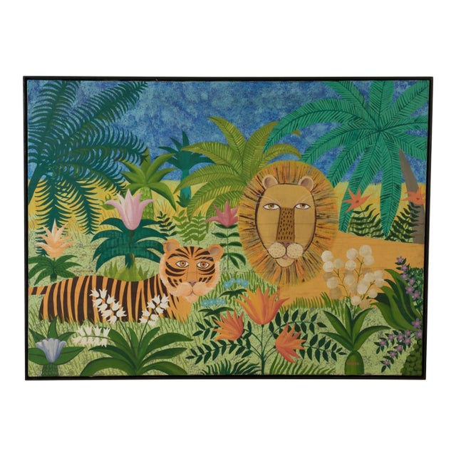 Vintage Naive Painting of a Tiger and a Lion in a Jungle Signed Cadena For Sale