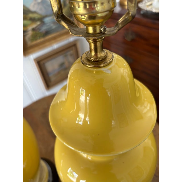 Yellow Mid Twentieth Century Yellow Glazed Palm Beach Regency Temple Jar Lamps, a Pair For Sale - Image 8 of 10