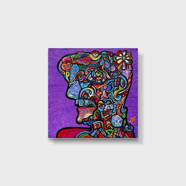 This is a one-of-a-kind original cubist painting by San Diego artist, Alexander Arshansky. Its dimensions are 12"x12"x2"....