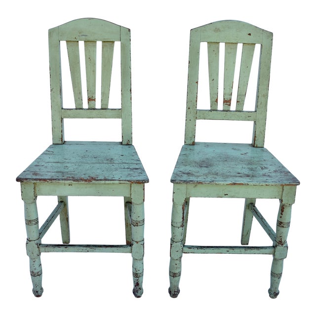 Pair of Painted Pine Plank-Seat Chairs For Sale