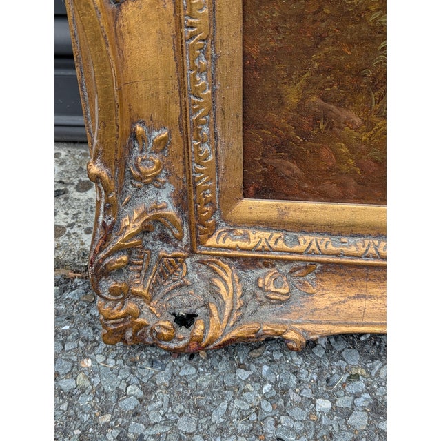 Late 19th to Early 20th Century Continental Pastoral Landscape, Signed Oil on Canvas, Carved Giltwood Frame For Sale - Image 9 of 9