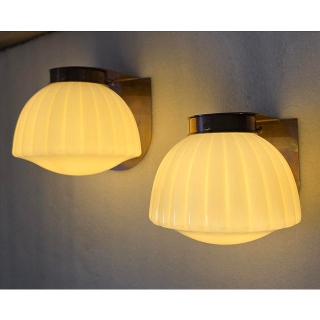 Pair Vintage Art deco light Old Lamp Wall Sconces Fixture Brass & Ribbed Cream Milk Glass Shade Ship Light Lamp Excellent...