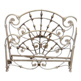 Vintage French Elliott's White Iron and Brass Headboard and Footboard Bed Frame For Sale