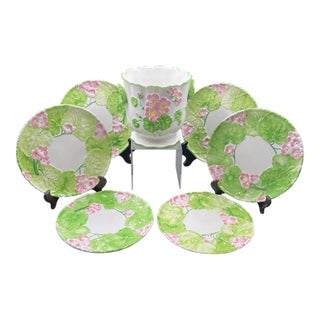 Italian Floral Cachepot & 6 Matching Dessert Plates- 7 Pieces For Sale