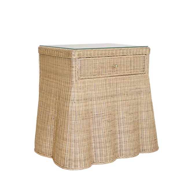 Worlds Away Matthew Izzo Home Giselle Scalloped Base Rattan One Drawer Side Table W/Glass Top For Sale - Image 4 of 4