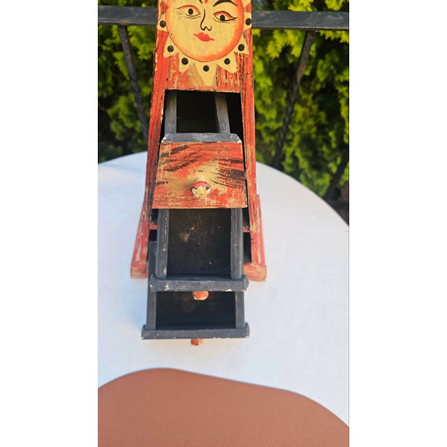 Wooden folk-style cabinet, pyramid shape, 1980s vintage, dimensions: height 51 cm, width 22.5 cm, depth 17 cm.