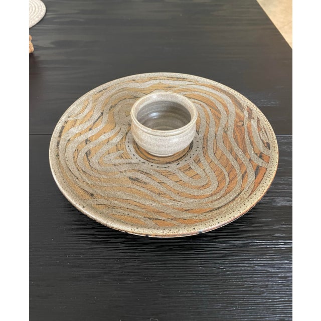 Contemporary Vintage Studio Pottery Serving Platter With Attached Dip Bowl For Sale - Image 3 of 9