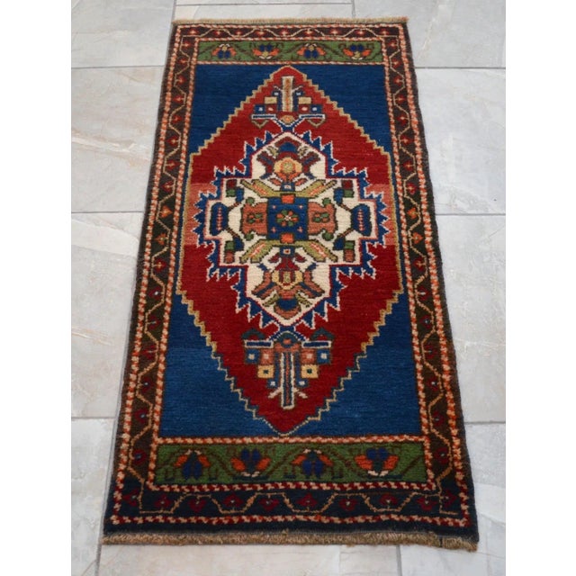Mid-Century Modern Vintage Turkish Small Rug Hand Knotted Mat - 1'8" X 3'7" For Sale - Image 3 of 10