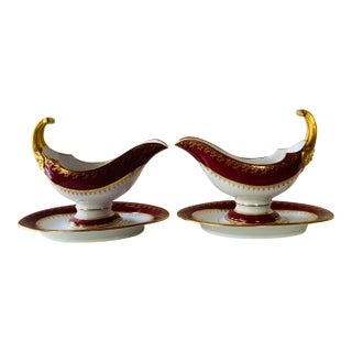 1950s Fischer & Mieg Pirkenhammer Ruby Red Porcelain Sauce Boats With Gilt Bacchus Handles — Matched Pair For Sale