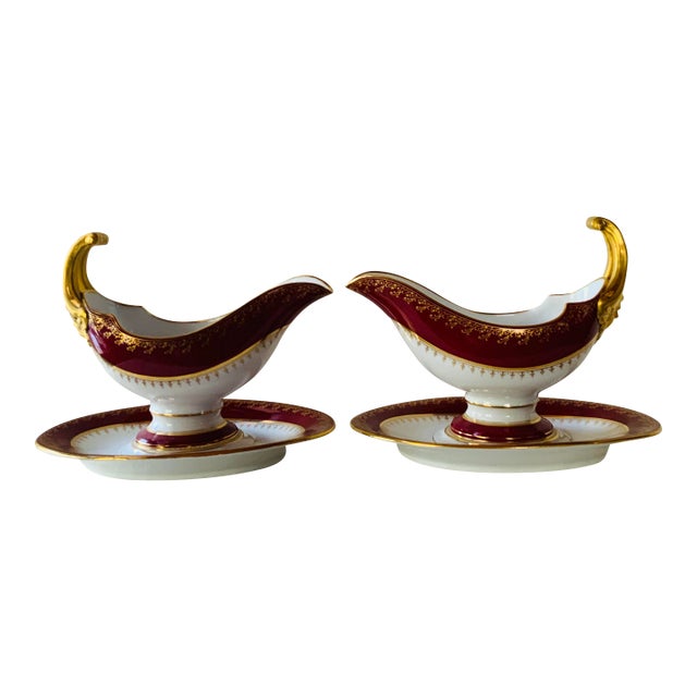 1950s Fischer & Mieg Pirkenhammer Ruby Red Porcelain Sauce Boats With Gilt Bacchus Handles — Matched Pair For Sale
