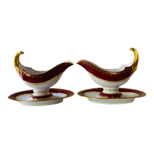 1950s Fischer & Mieg Pirkenhammer Ruby Red Porcelain Sauce Boats With Gilt Bacchus Handles — Matched Pair