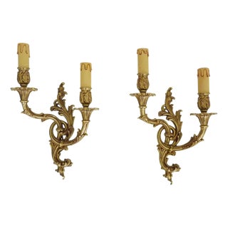 Bronze Double-Light Wall Sconces with Acanthus Leaves, 1960s, Set of 2 For Sale