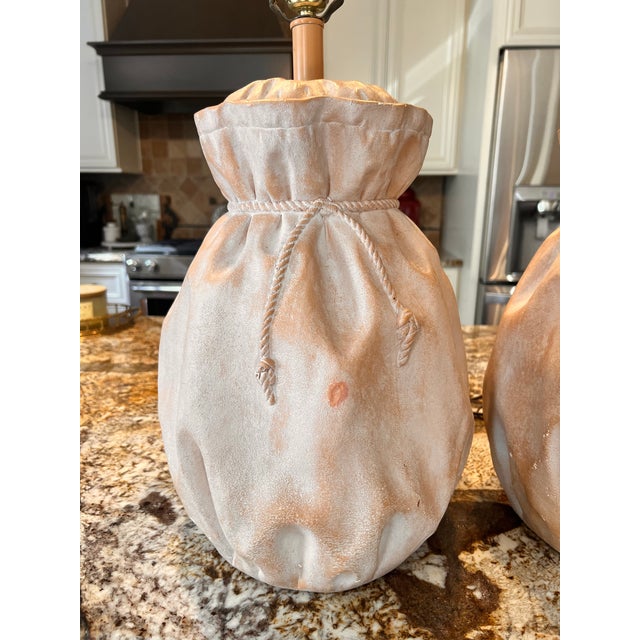 1980s Pair Vintage Post Modern Paper Bag Rope Tie Ceramic Plaster Lamp For Sale - Image 11 of 12