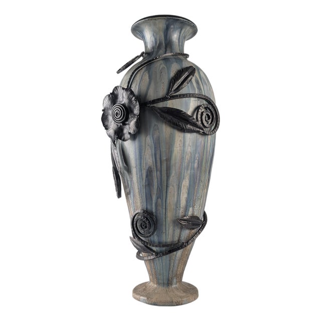 Belgian Art Deco Stoneware and Wrought Iron Vase by Roger Guerin, 1930 For Sale